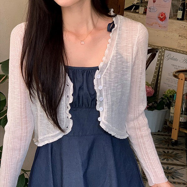 |SHOPPERLAND| Soft Ribbed See-through Frill Bolero Knit Cardigan (5 Colors)