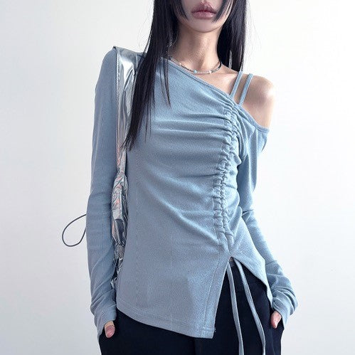 |LOWEAR| Off Strap Shirring Slit Tee