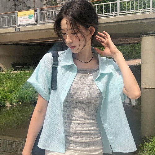 |FROM BEGINNING| |MADE| Seersucker Striped Half Shirt (2 Colors)