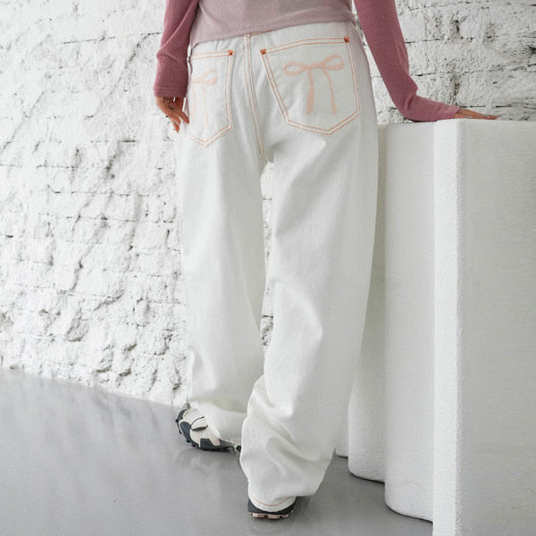|BINARY01| Belly Pink Ribbon Wide Pants