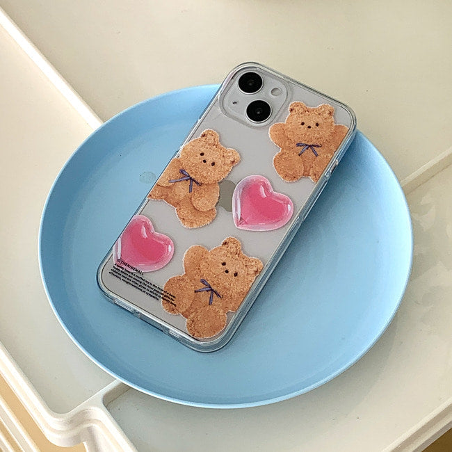 |THENINEMALL| Pattern Ribbon Teddy Gummy Clear Phone Case (3 types)