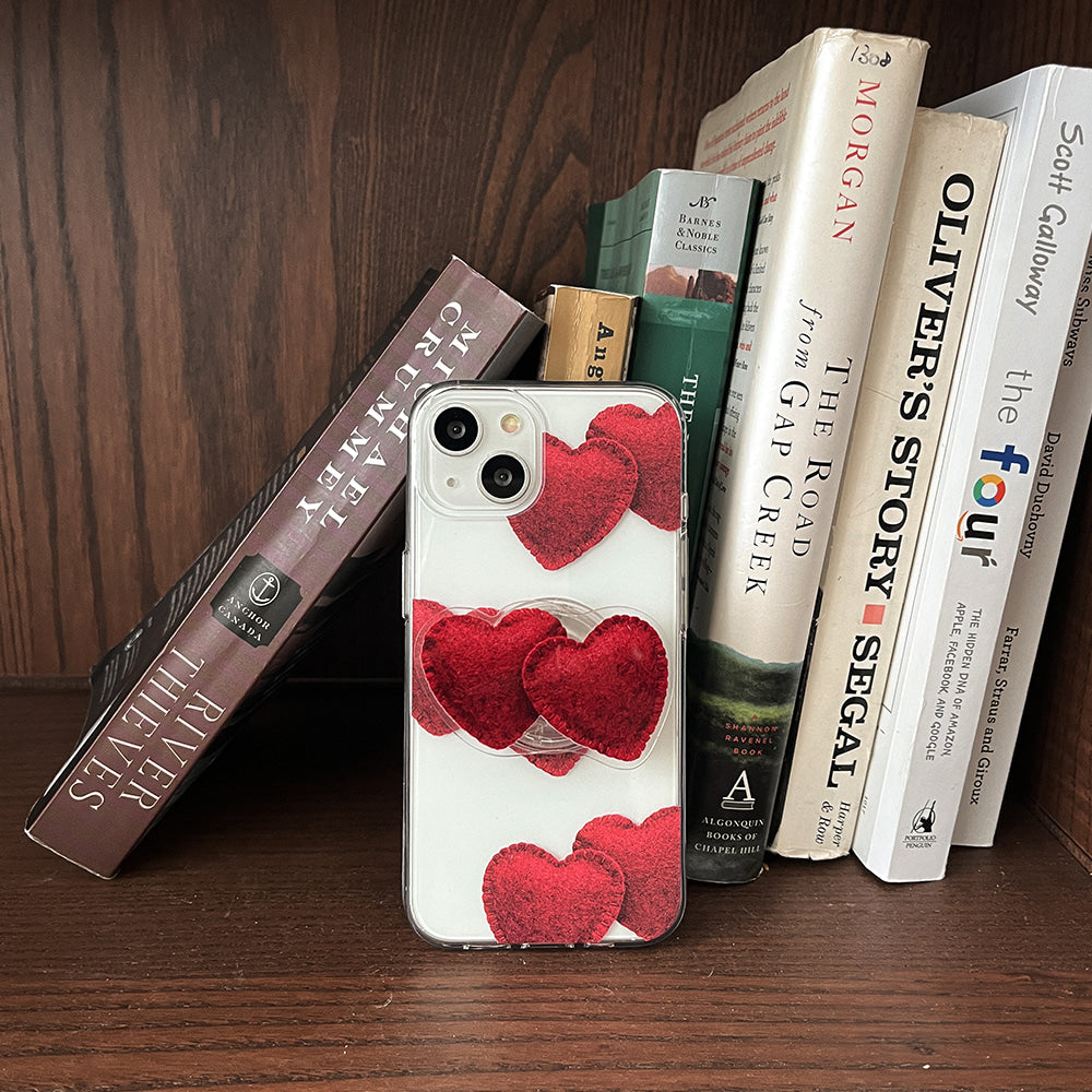 |Mademoment| Red Felt Heart Pattern Design Clear Phone Case (4 Types)