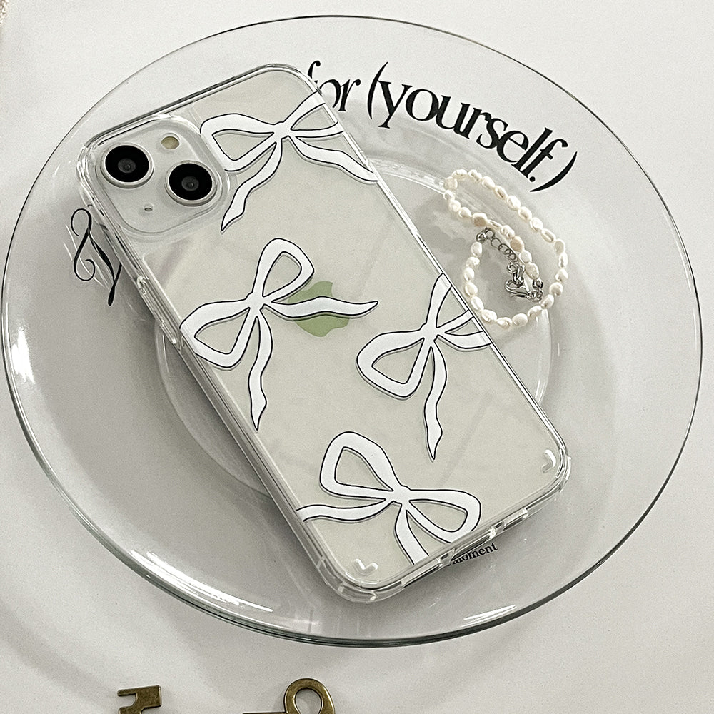 |Mademoment| Pattern White Ribbon Design Glossy Mirror Phone Case