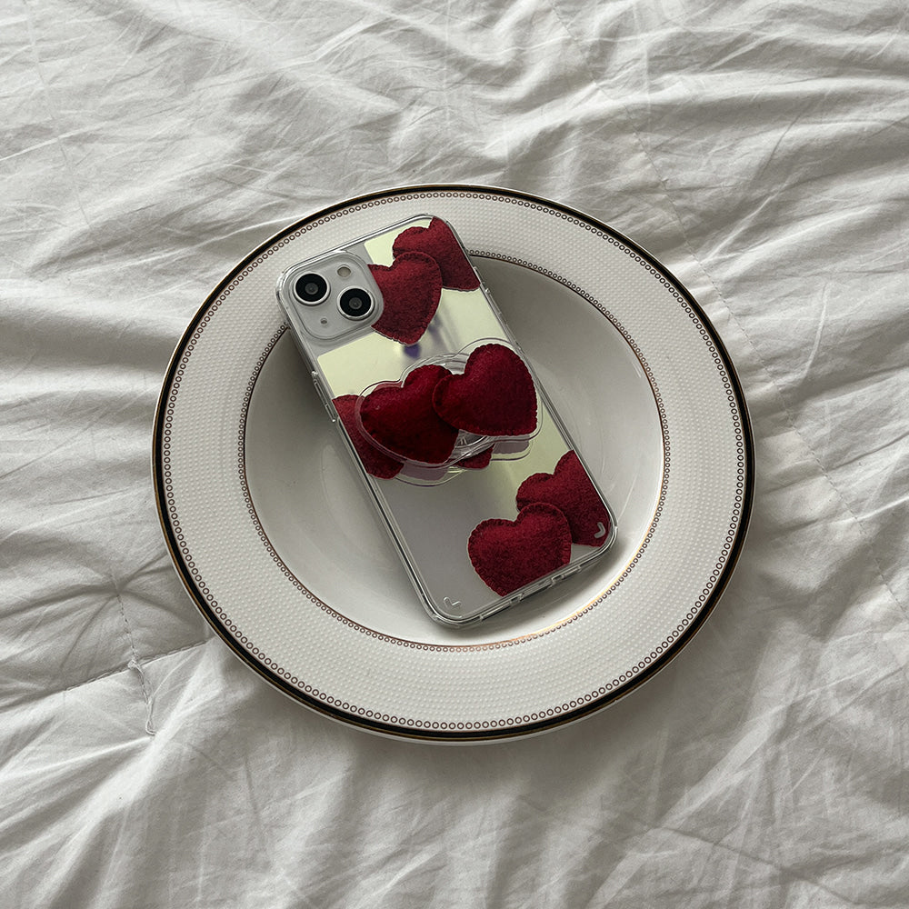 |Mademoment| Red Felt Heart Pattern Design Glossy Mirror Phone Case