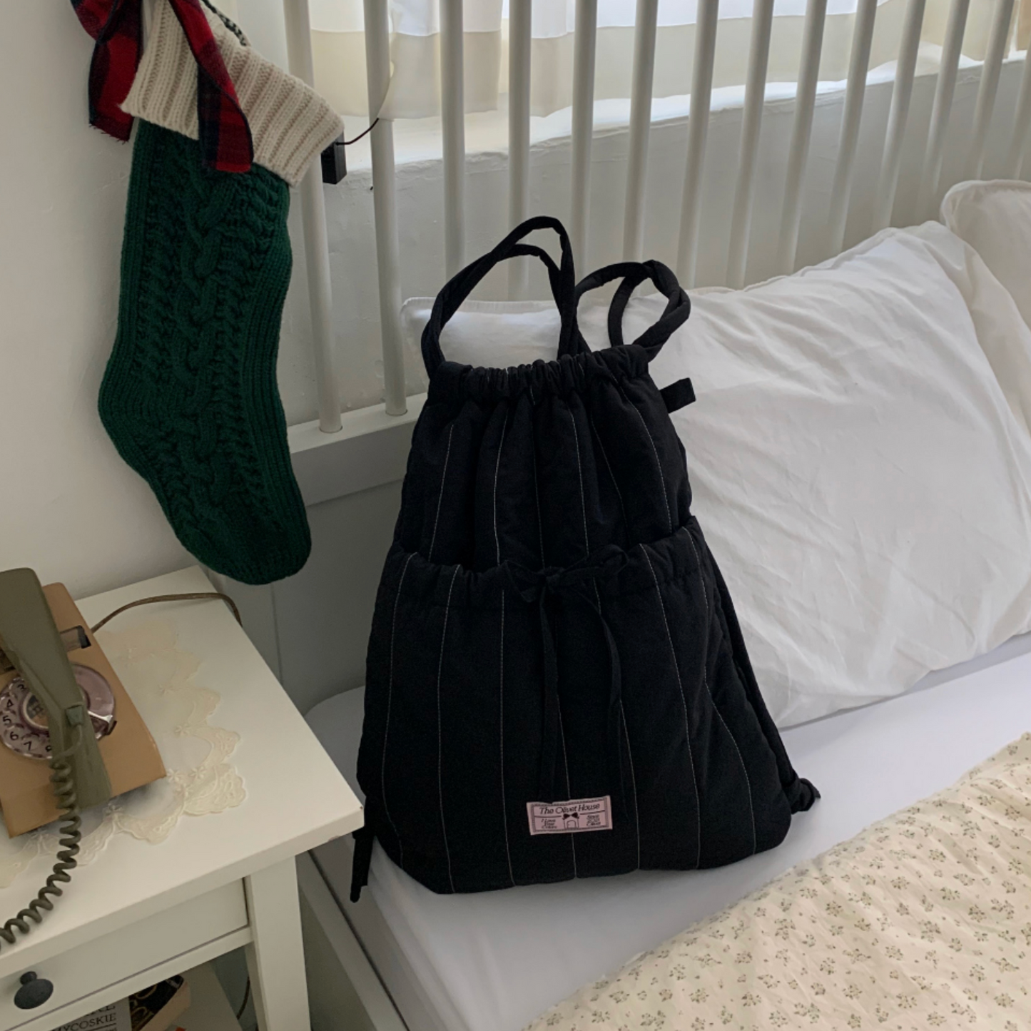 |OLIVET| Padded Ribbon String Bag (Black)