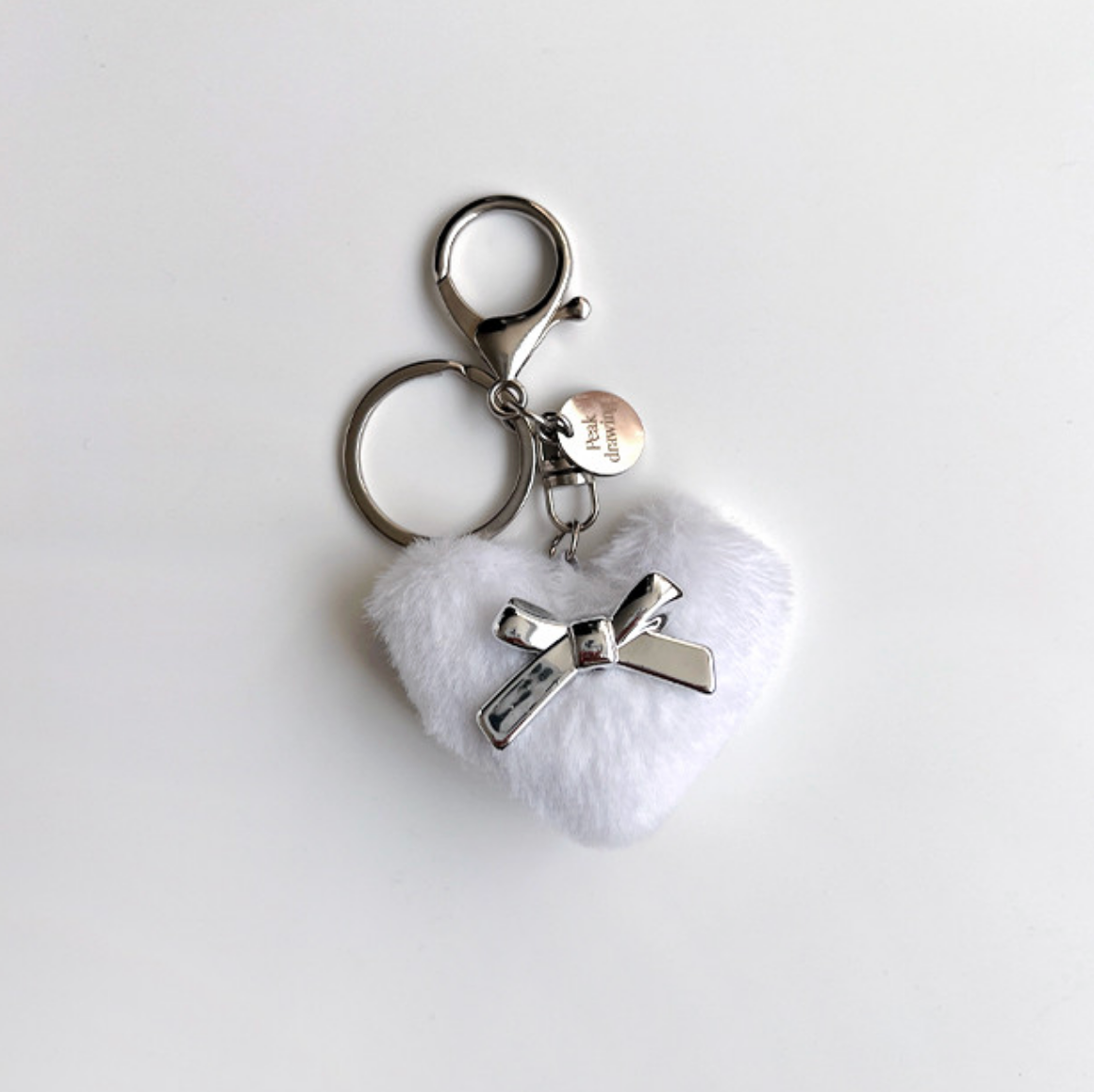 |Peakdrawing| Winter Silver Ribbon Heart Pompom Keyring