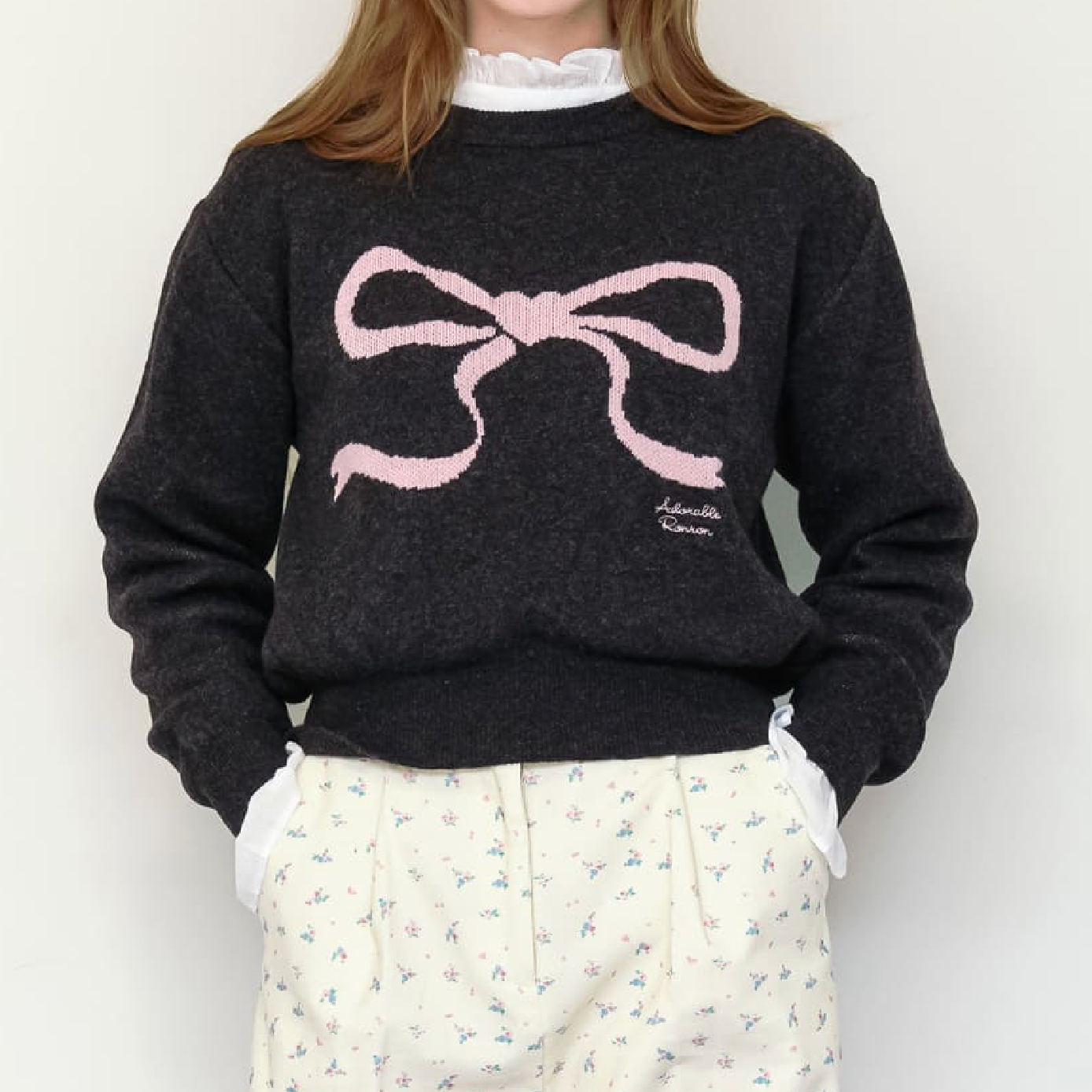 |RON RON| HEART RIBBON JACQUARD KNIT CHARCOAL