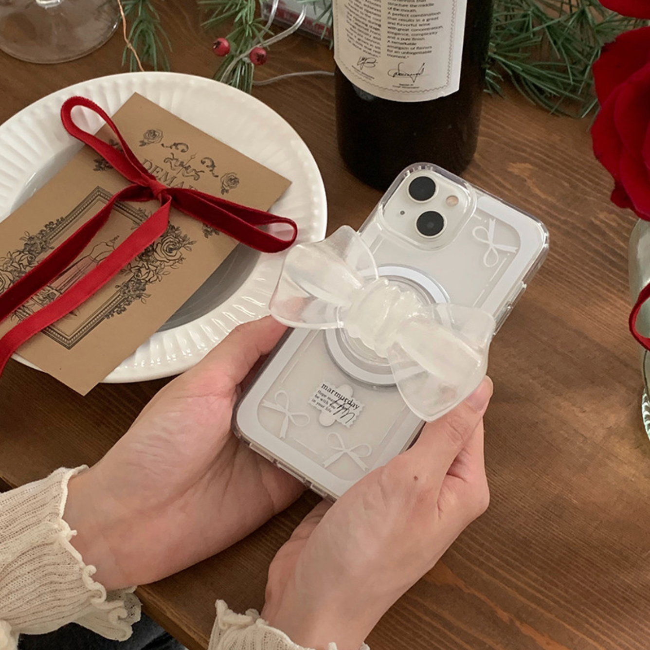 |marmurday| White Antique Line Ribbon Jelly Hard Case