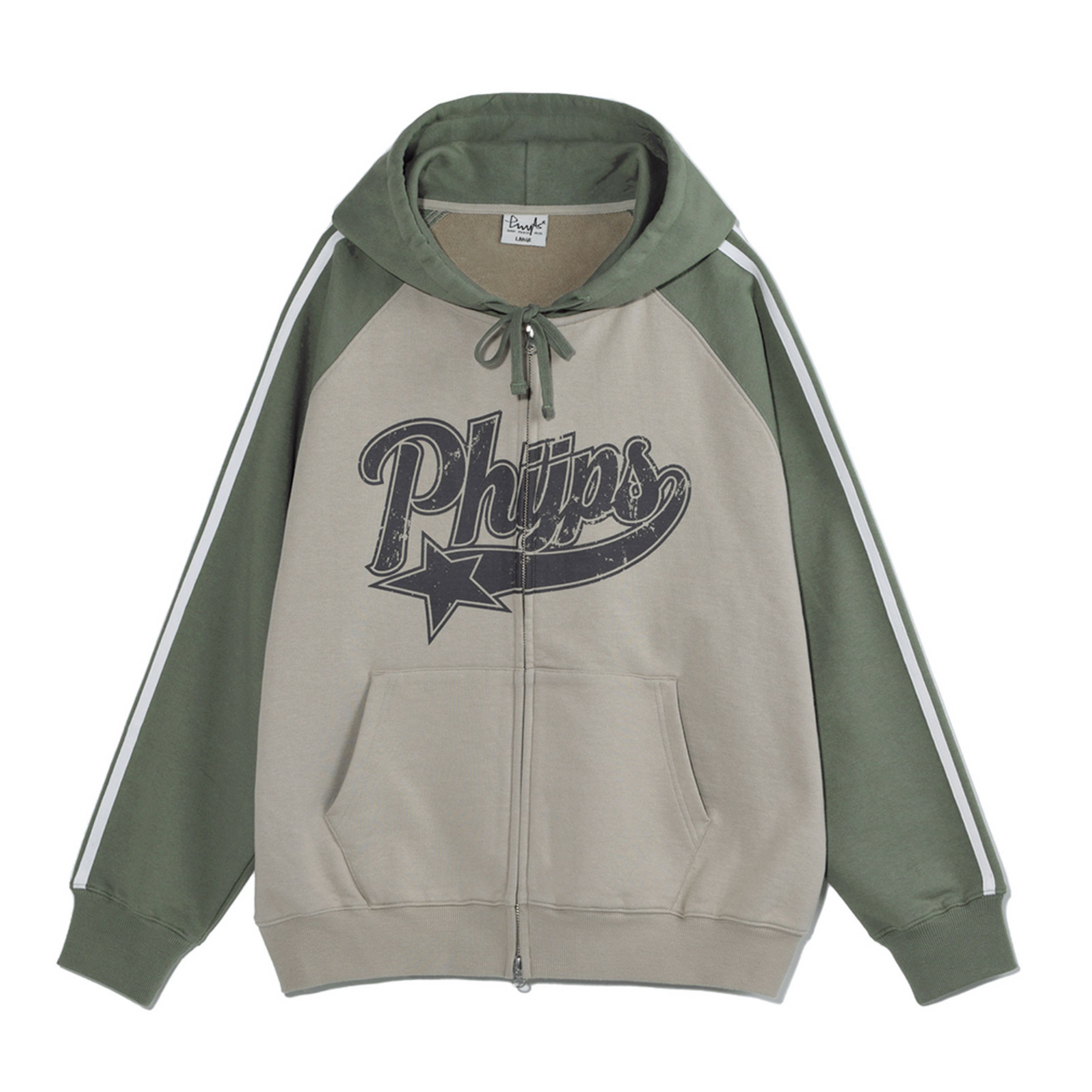 |PHYPS| STAR TAIL COLOR BLOCK HOODIE ZIP UP GREEN BEIGE