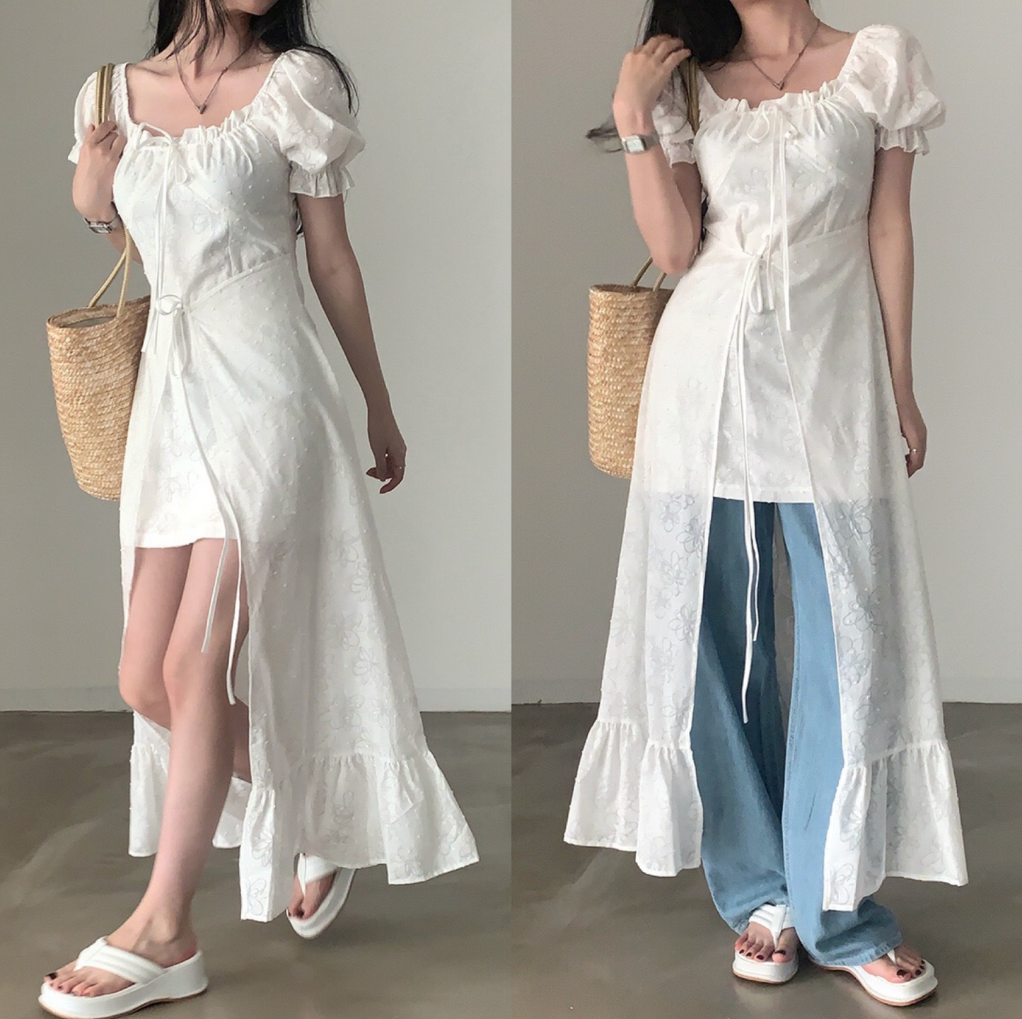 |CREAM CHEESE| Flower Unbalanced Short-sleeved Long Dress