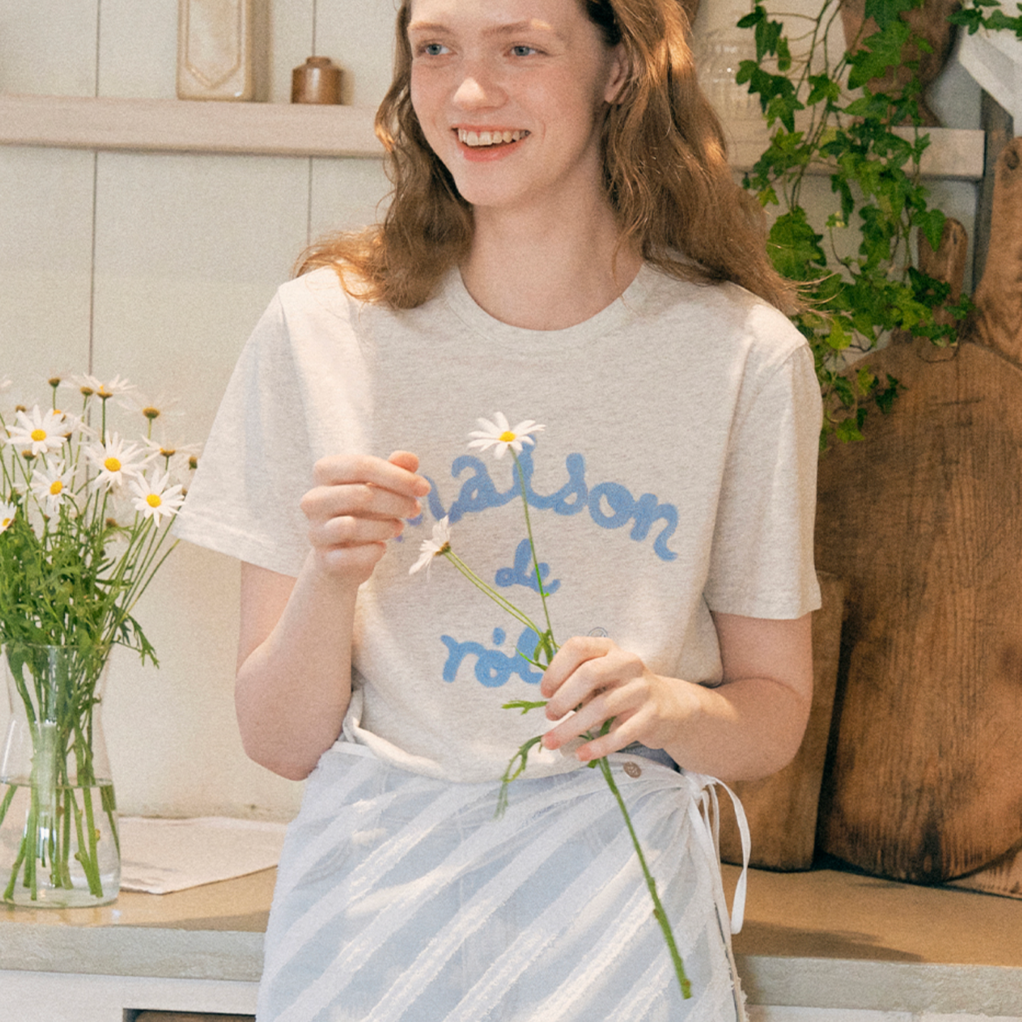 |rolarola| MAISON DE ROLA EMBROIDERY T-SHIRT MELANGE GRAY