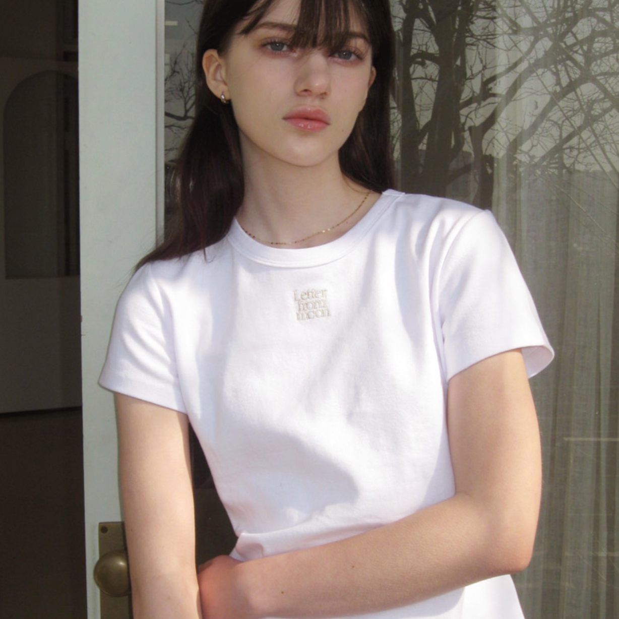 |Letter from Moon| Logo Silver Embroidered Slim Fit T-Shirt (White)