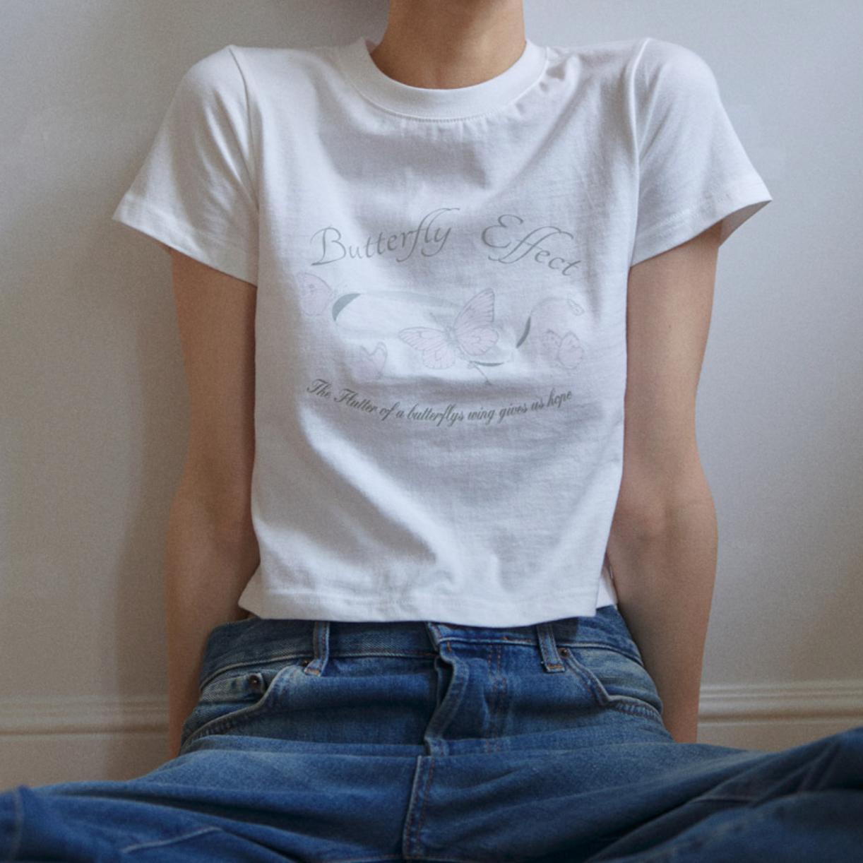 |Letter from Moon| Butterfly Ribbon Crop T-Shirt (White)