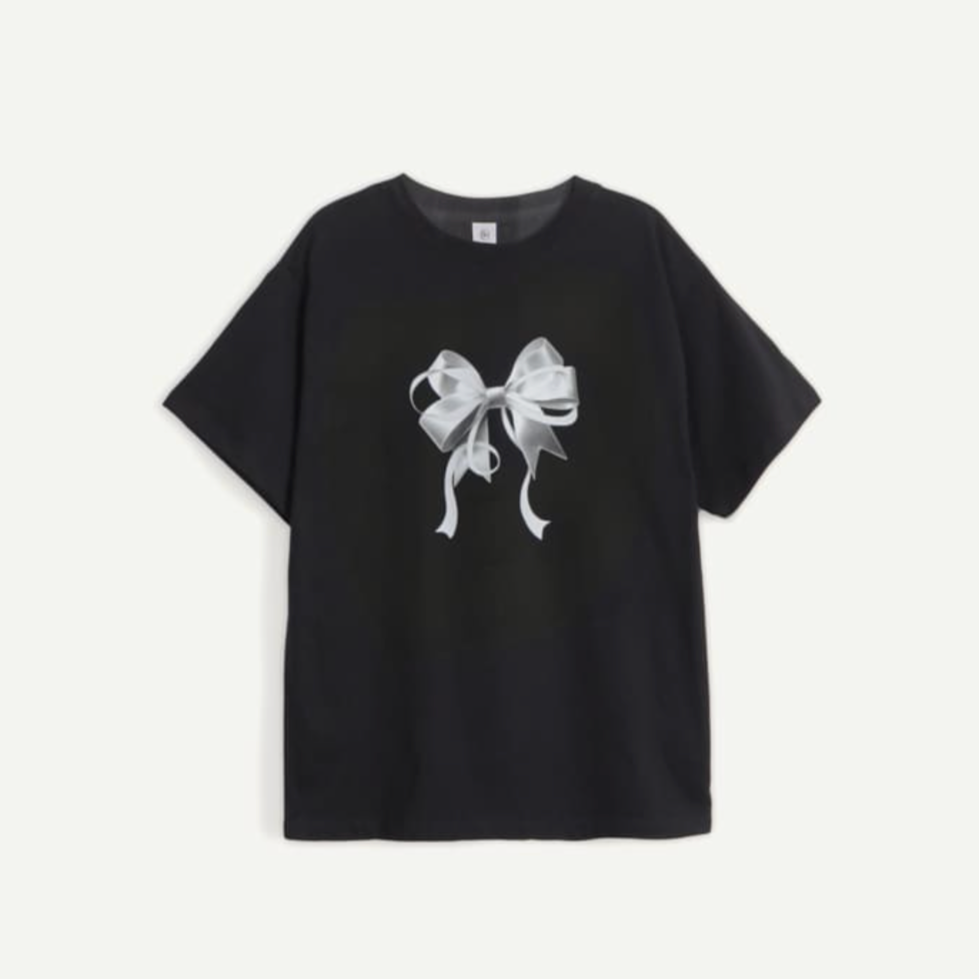 |RONRON| DOUBLE RIBBON BASIC FIT T SHIRT BLACK SILVER
