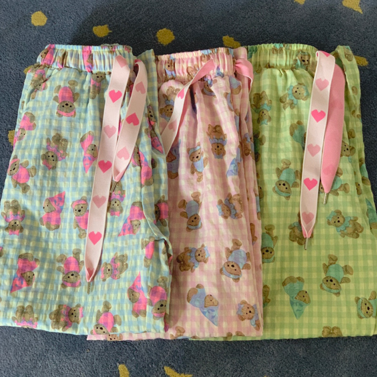 |little sloth| Heart Bear Checkered Pants