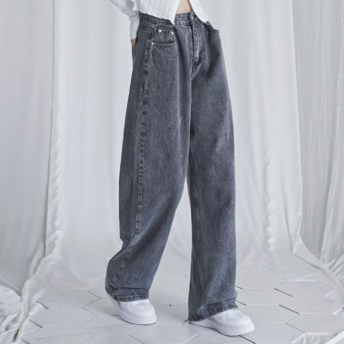 |Avandress| BUCKLE WIDE DENIM PANTS GREY
