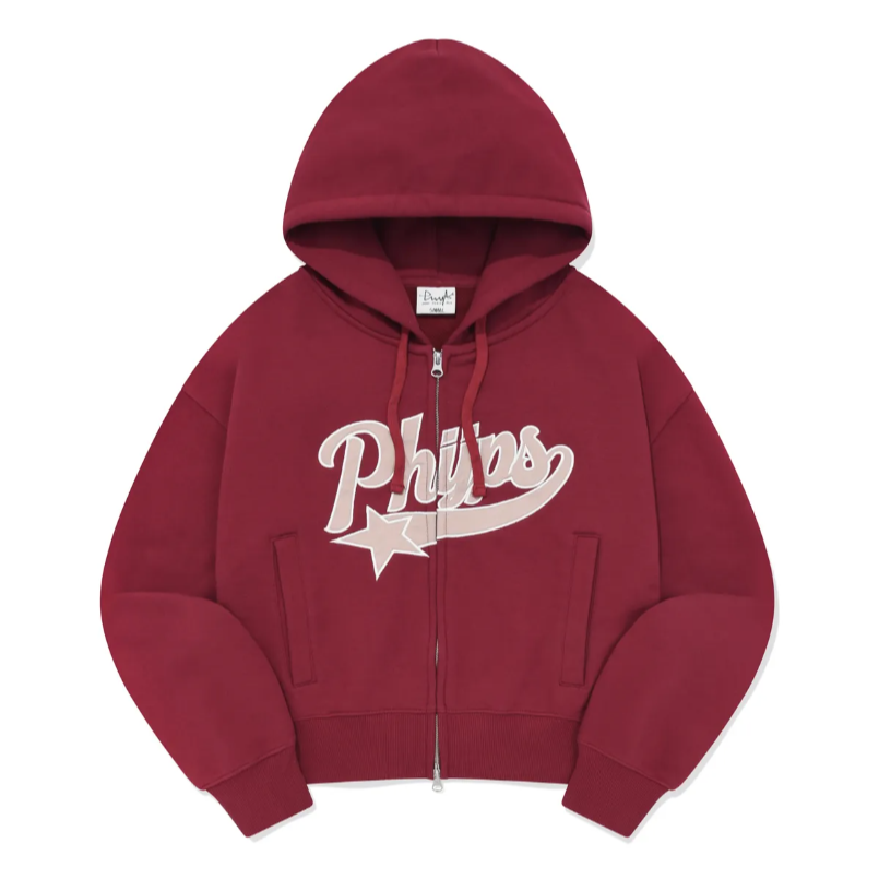 |PHYPS| Cropped Star Tail Hooded Zip-Up Pink Red
