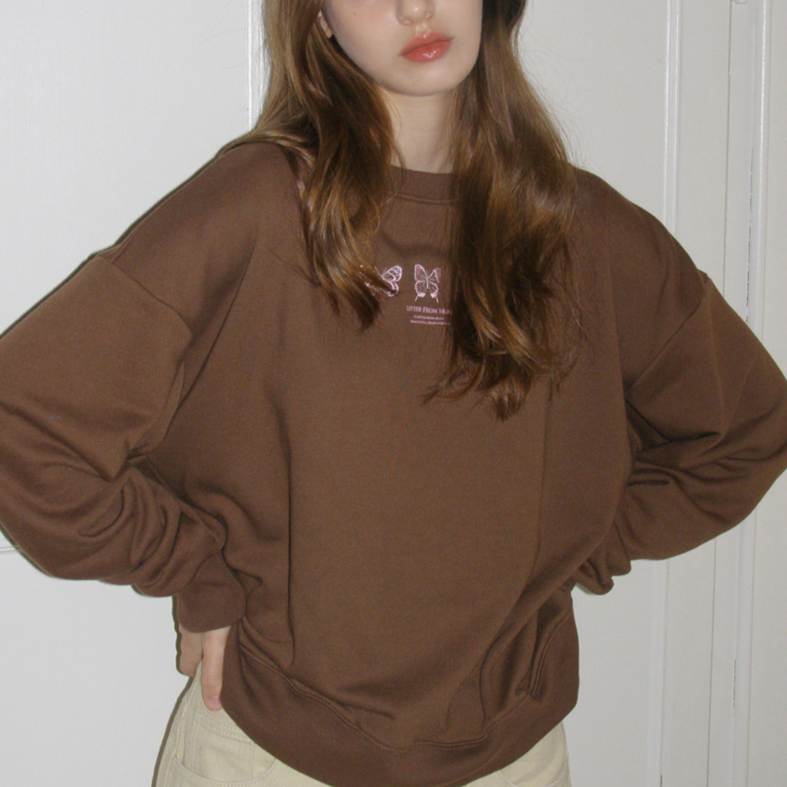 |Letter from Moon| Triple Butterfly Embroidered Sweatshirt (Brown)