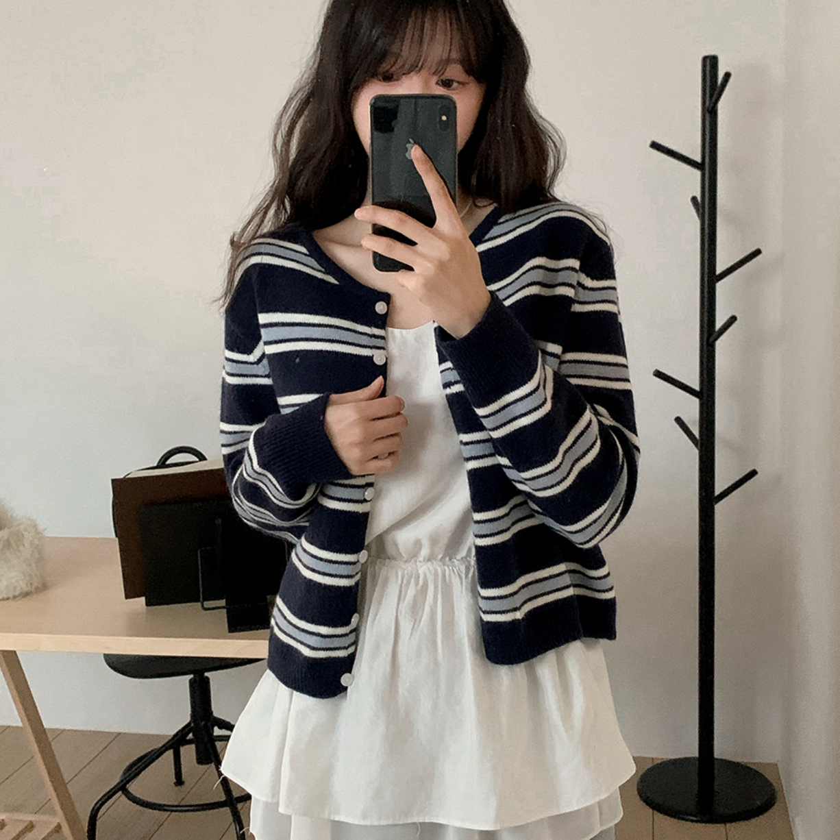 |SHOPPERLAND| Blue Fluffy Stripe Knit Cardigan