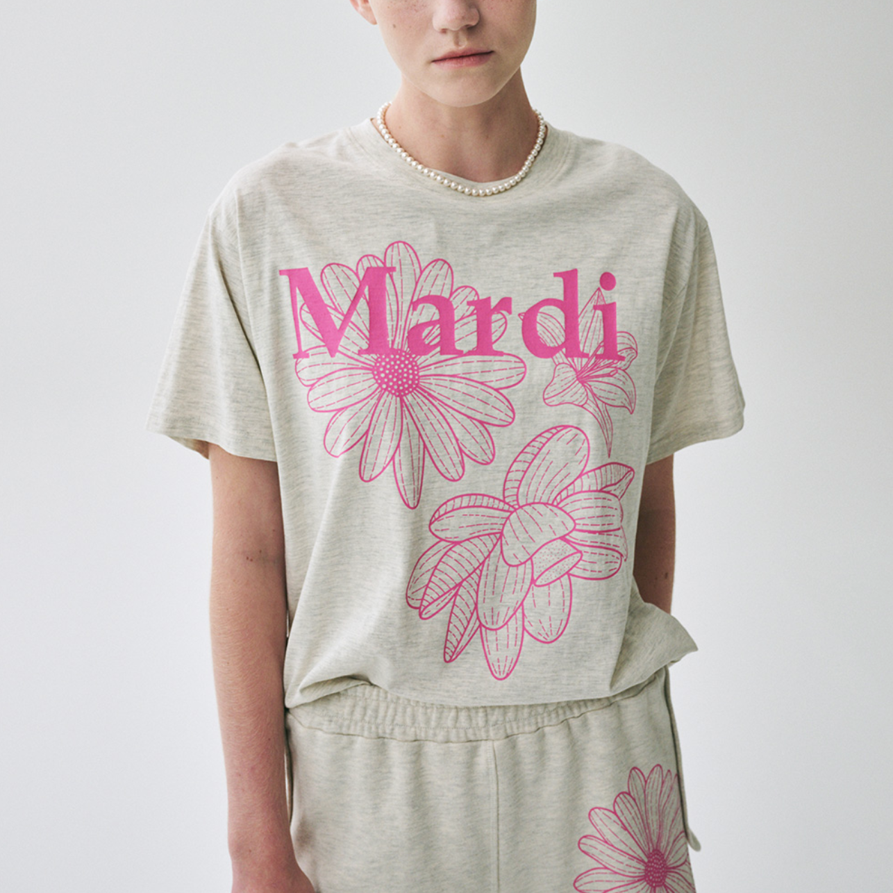 |MARDI MERCREDI| TSHIRT TRIPLE FLOWER OATMEAL PINK