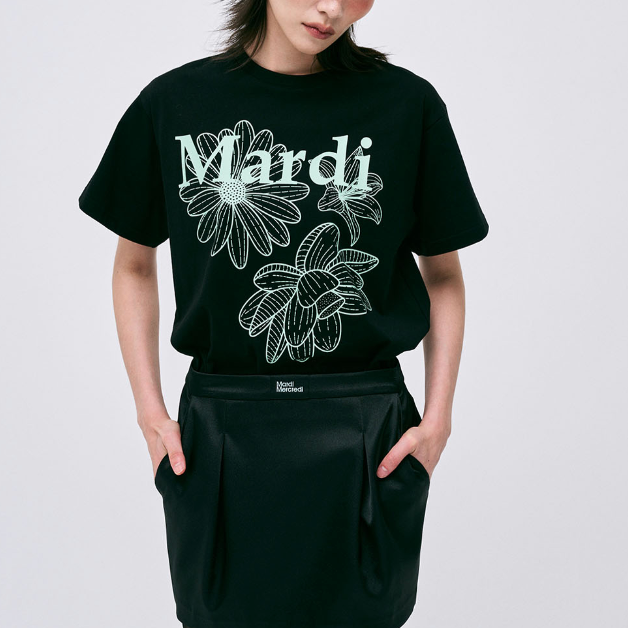 |MARDI MERCREDI| TSHIRT TRIPLE FLOWER BLACK MINT