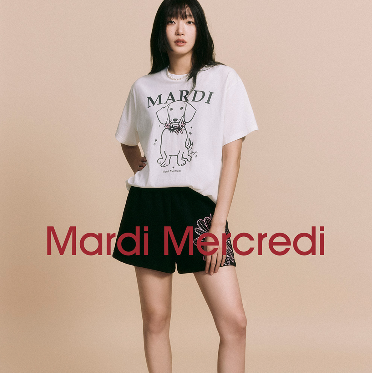 |MARDI MERCREDI| TSHIRT SWING THE TAIL DDANJI FLOWER NECKLACE IVORY PINK