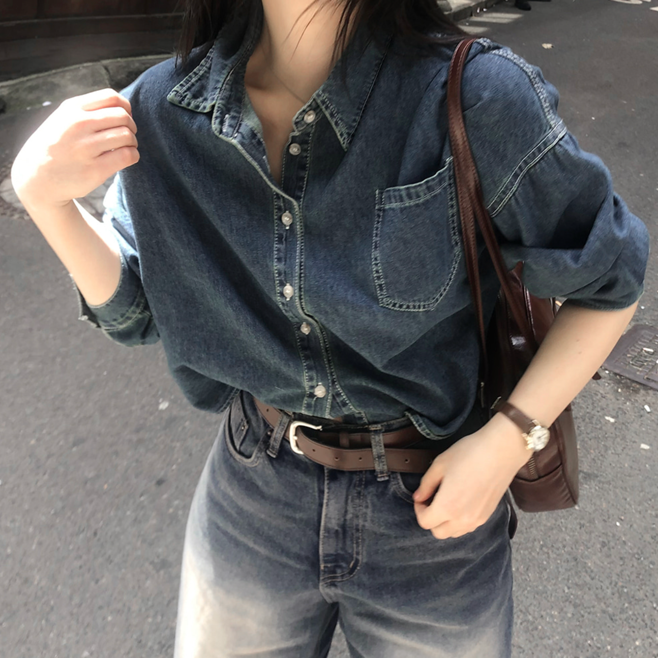 |SLOWAND| Vintage Washed Cropped Denim Shirt