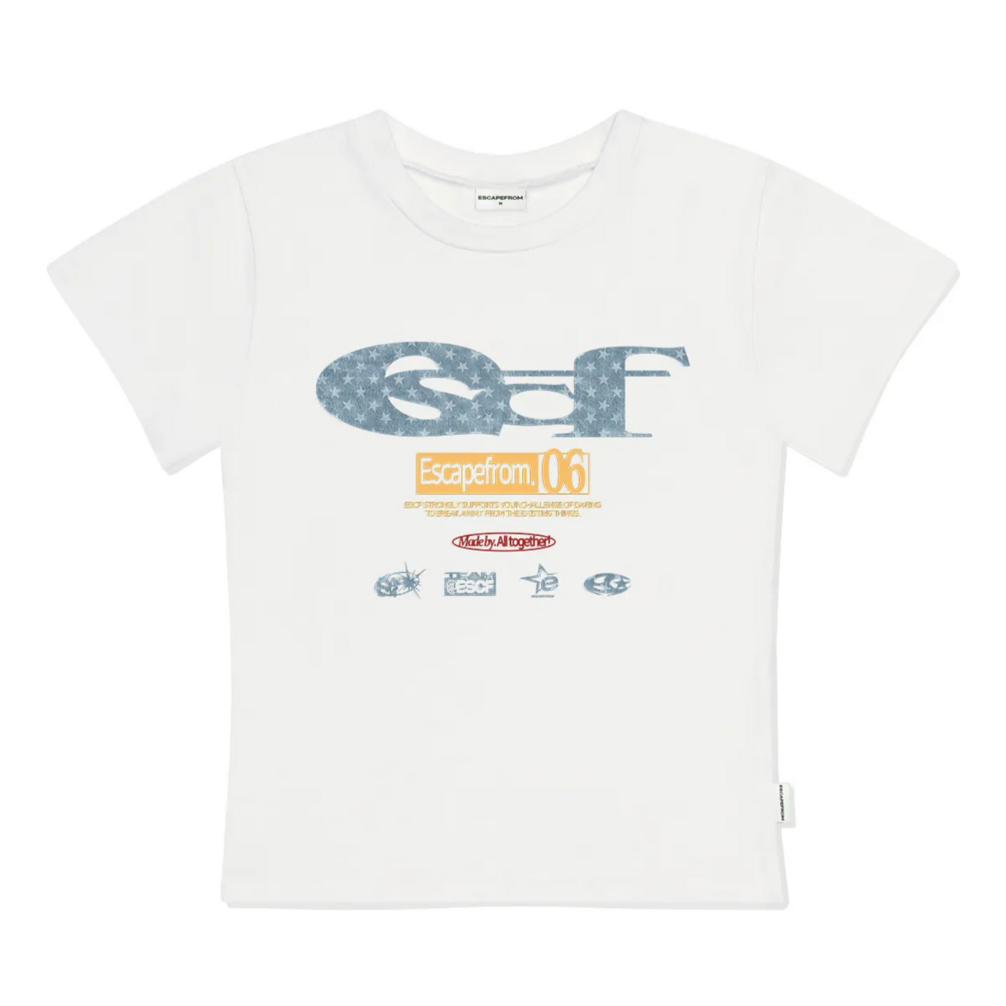 |ESCAPEFROM| Denim ESCF Logo Collage Print Slim Fit Short Sleeve Tee Ivory