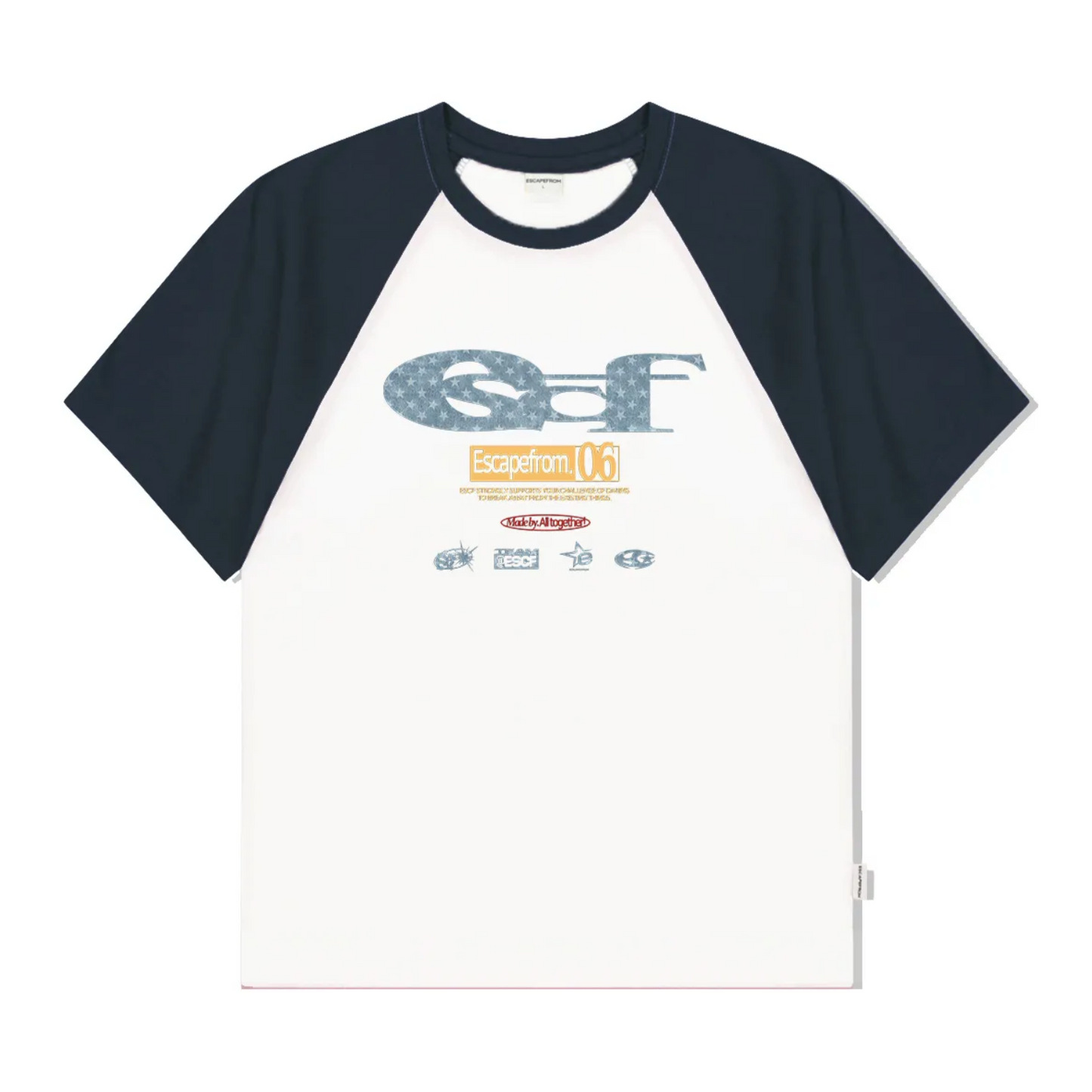 |ESCAPEFROM| Denim ESCF Logo Collage Print Raglan Color Short Sleeve Tee Navy