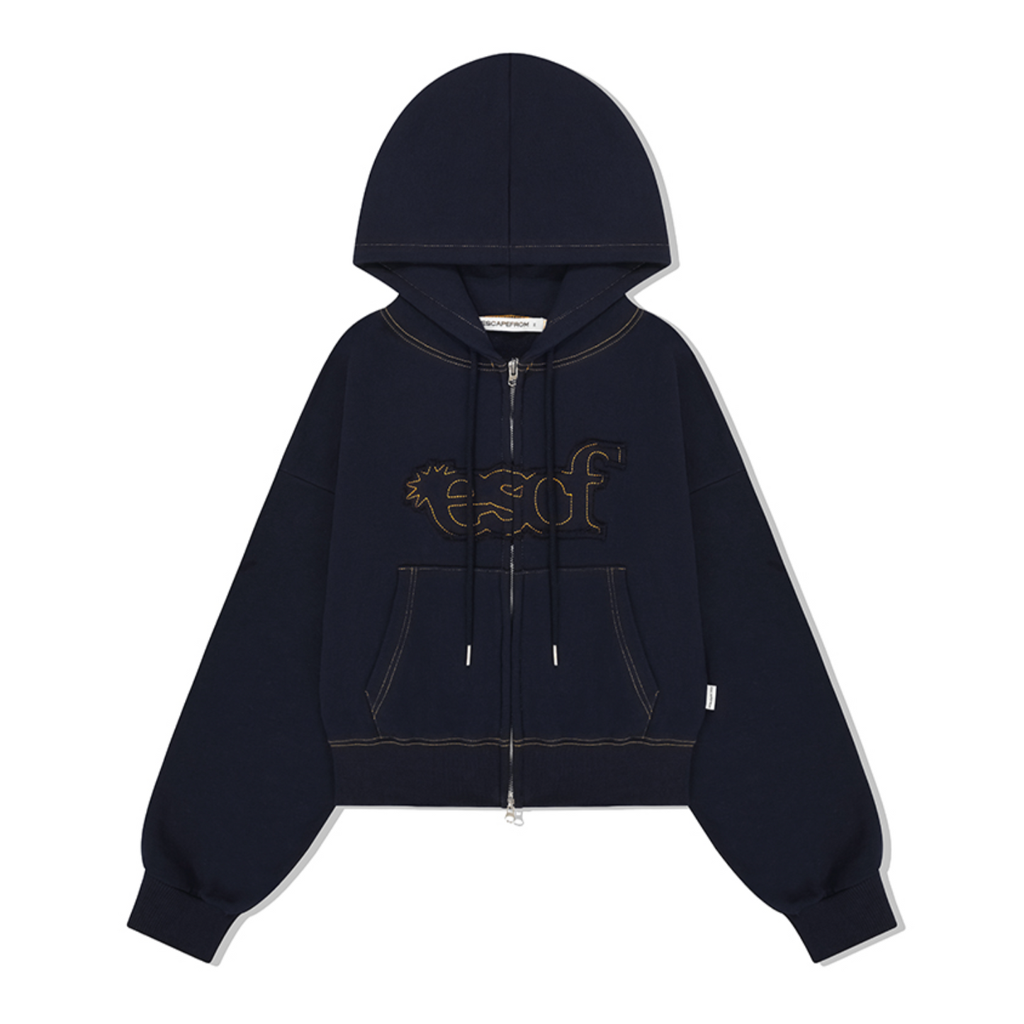 |ESCAPEFROM| Flare Type Logo Applique Cropped Hooded Zip-Up Navy