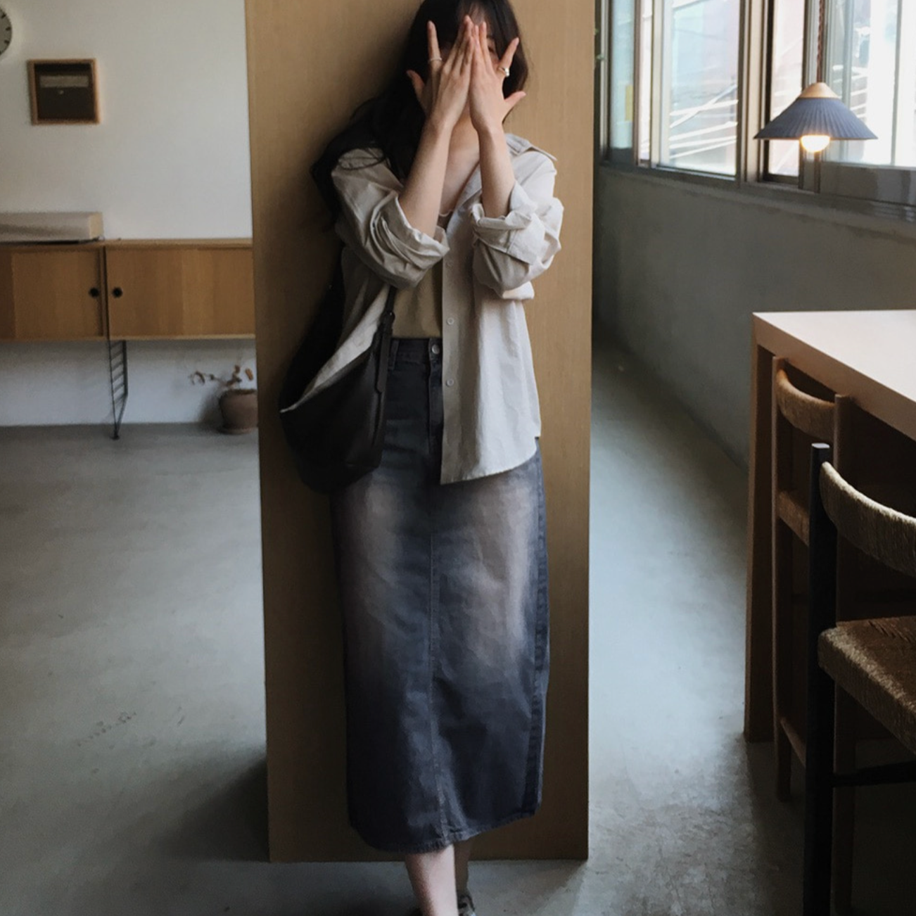 |SLOWAND| # SLOWMADE Vintage-Washed Spring Summer Denim Skirt