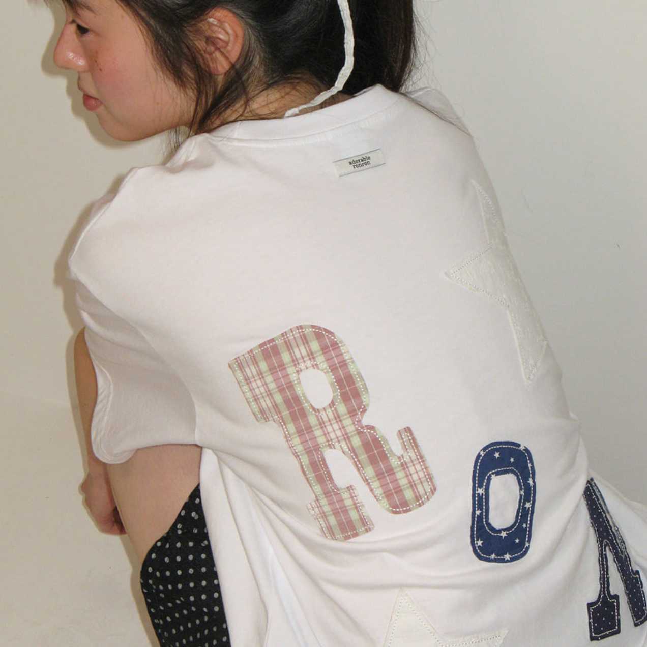 |RONRON| RON PATCH MIXED APPLIQUE OVER FIT T SHIRT WHITE