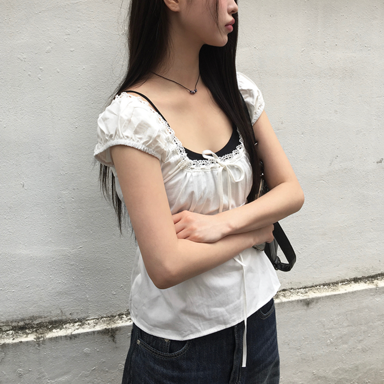 |anyonemore| Noal Lace Ribbon Puff Sleeveless Blouse