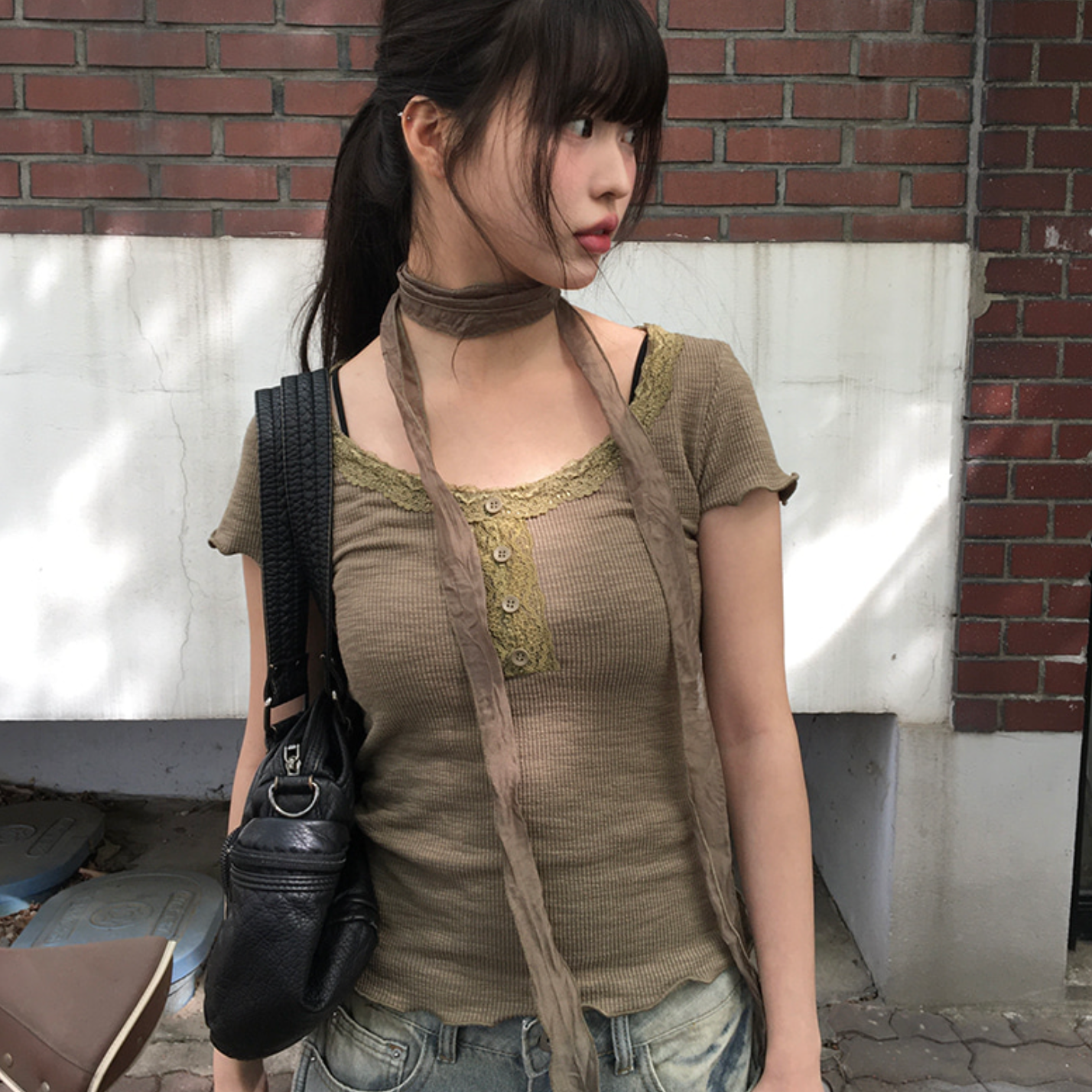 |anyonemore| Suki Lace Button Choker Short Sleeve T-Shirt Set