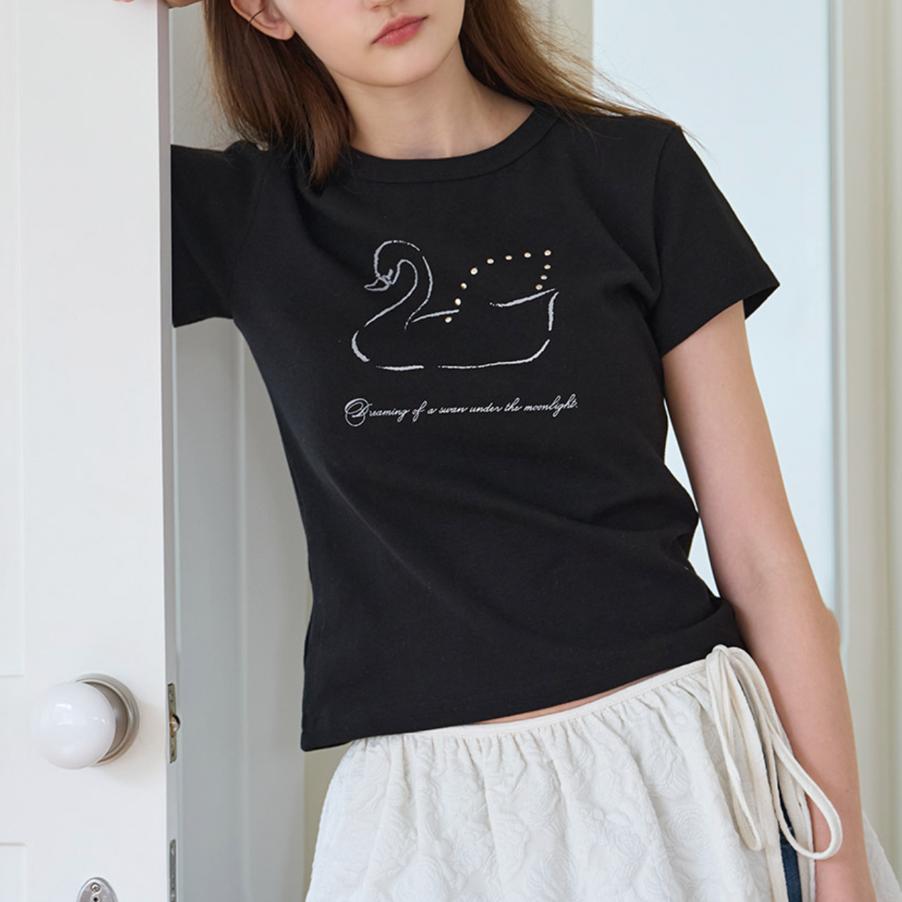 |Letter from Moon| Swan Studded T-Shirt (Black)