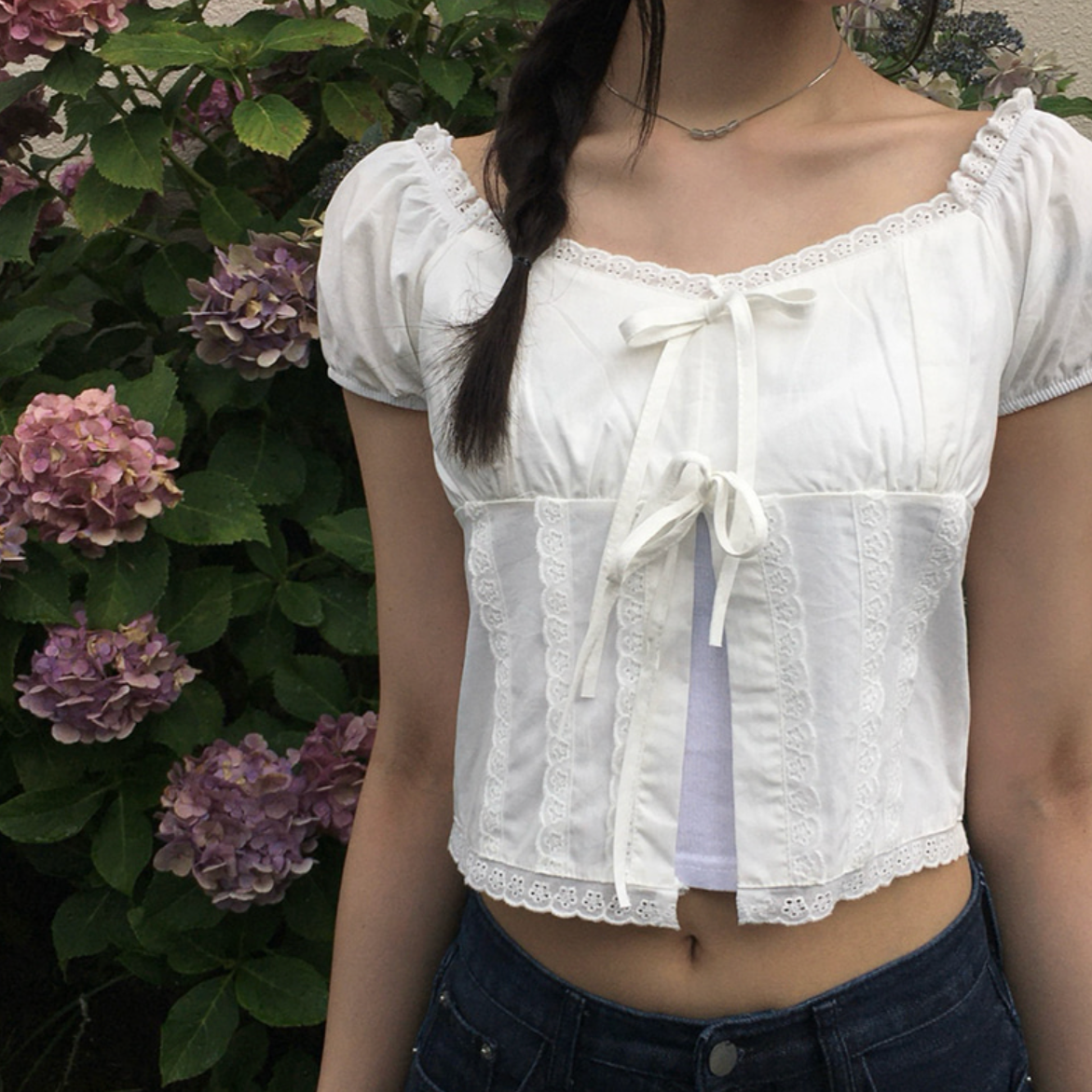 |anyonemore| Kaline Summer Ribbon Open Crop Blouse