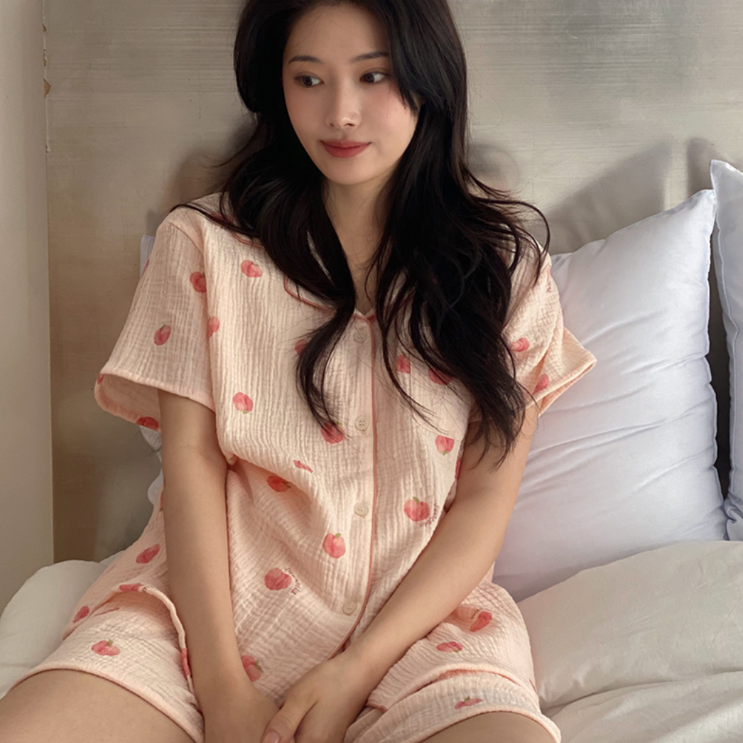 |Juuneedu| Peach Cotton Short Sleeve Pyjamas Set