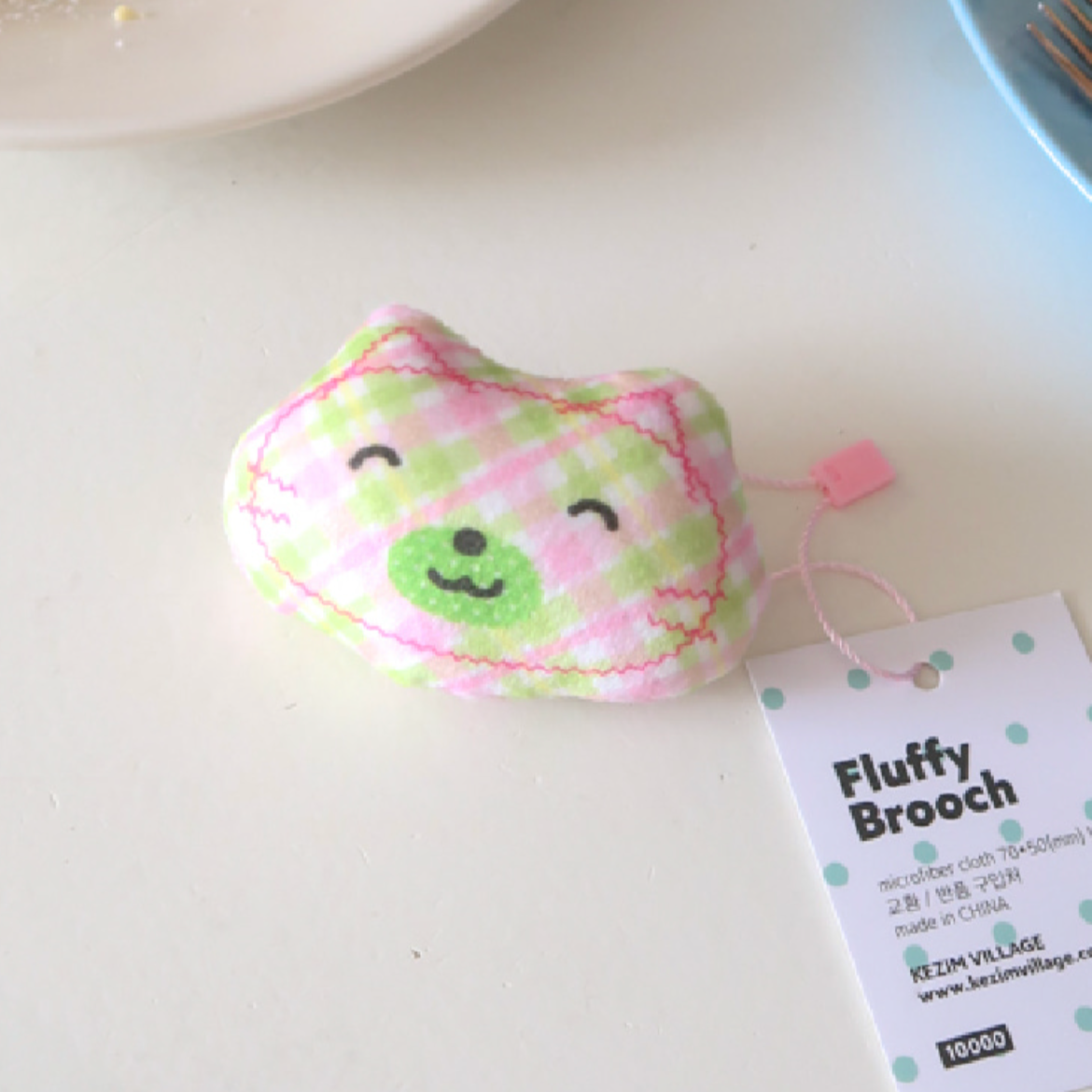 |FLUFFY BROOCH| Pink & Green Check Cat