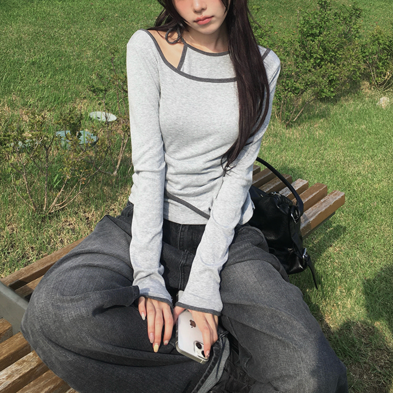 |anyonemore| Pencil Layered Unbalanced Color Line T-Shirt