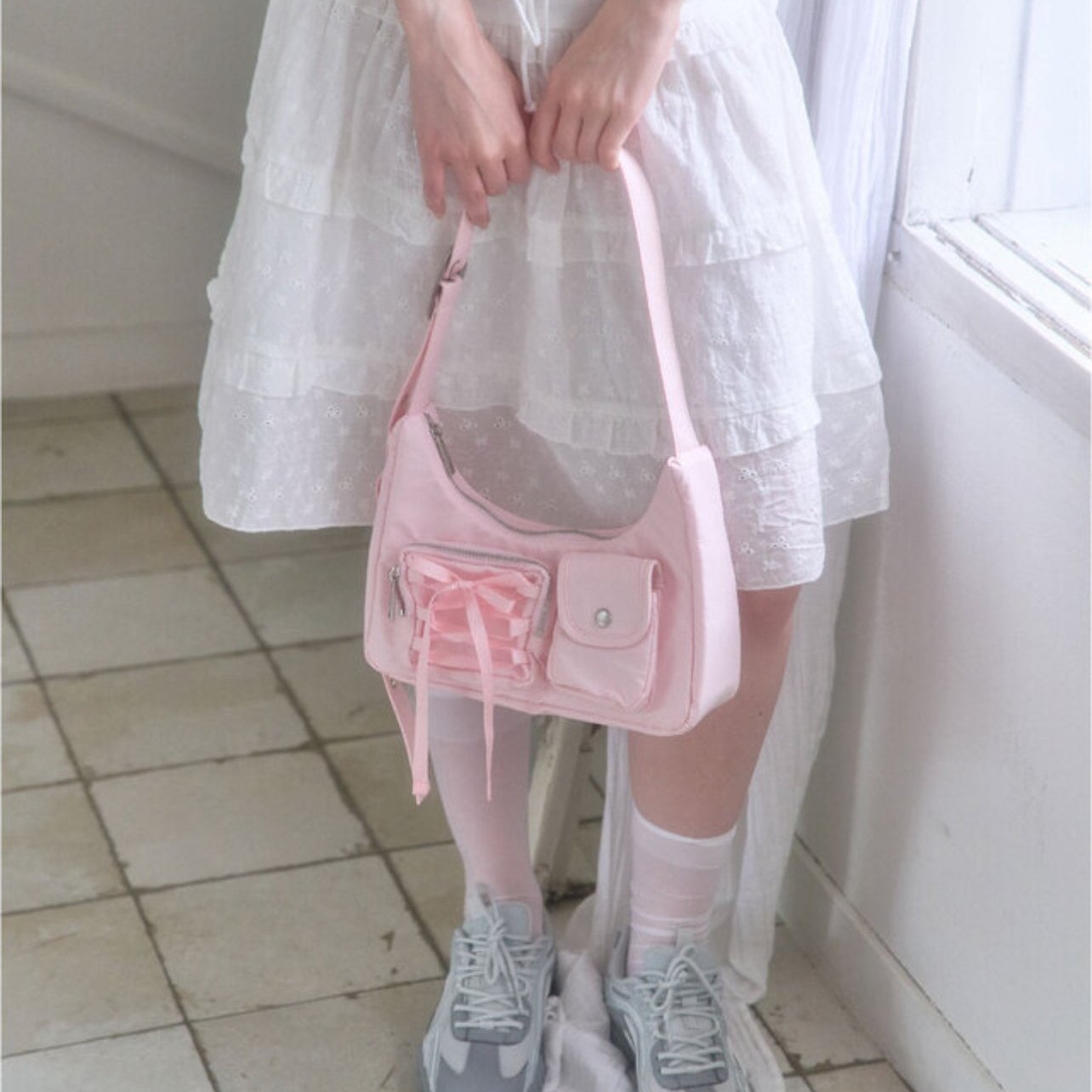 |COZING| Nylon Ribbon Hobo Bag (Pink)