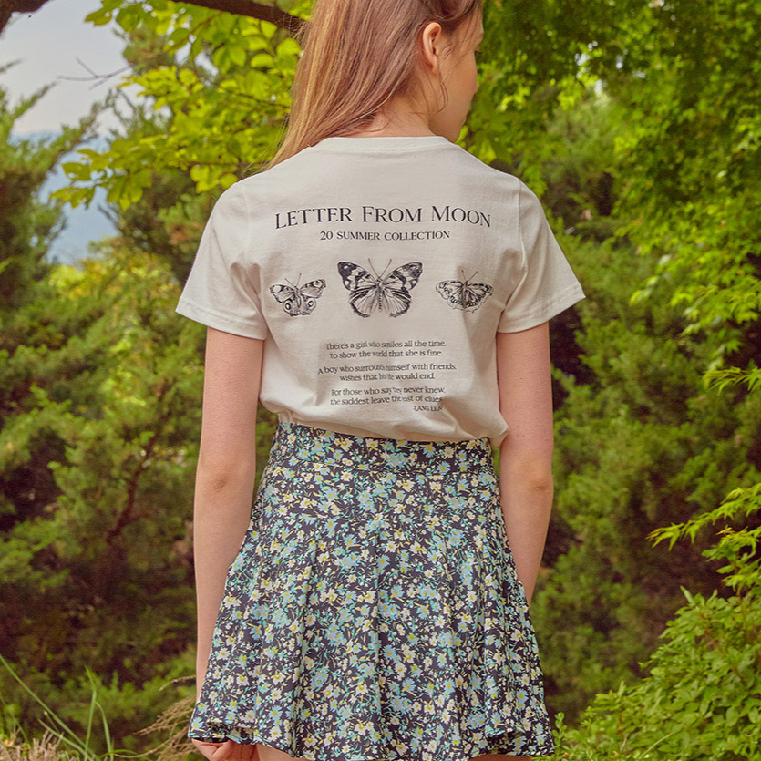 |Letter from Moon| Triple Butterfly Crop Short Sleeve T-shirts (White)