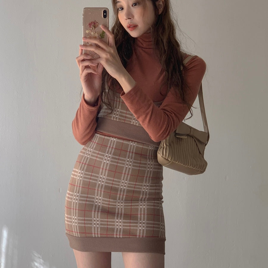 |FEMMEMUSE| London Check Bustier Knit Top Skirt Set (2 colour)