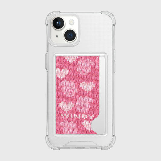 ｜THENINEMALL｜ Pink Heart Knit Windy Clear Phone Case (1 Type)