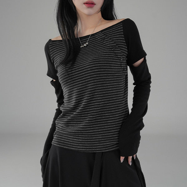 ｜BINARY01｜ ｜Warmer Set｜ Miyo Striped T-shirt