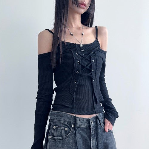 ｜LOWEAR｜ Eyelet Off Neck Sleeveless Set Top