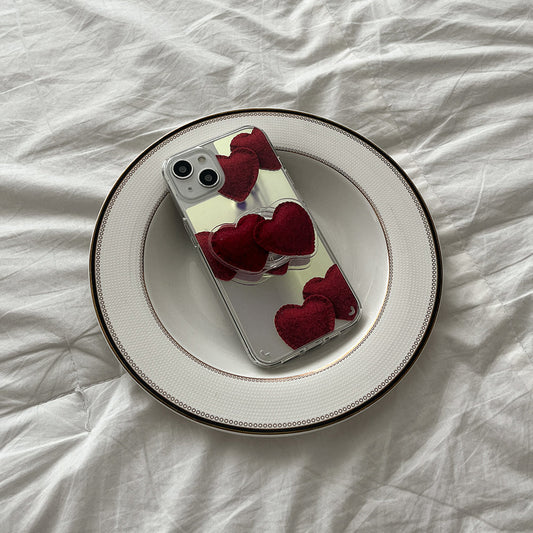 ｜Mademoment｜ Red Felt Heart Pattern Design Glossy Mirror Phone Case