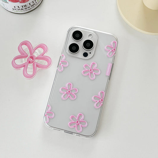 ｜THENINEMALL｜ Pink Line Flower Pattern Clear Phone Case (3 types)