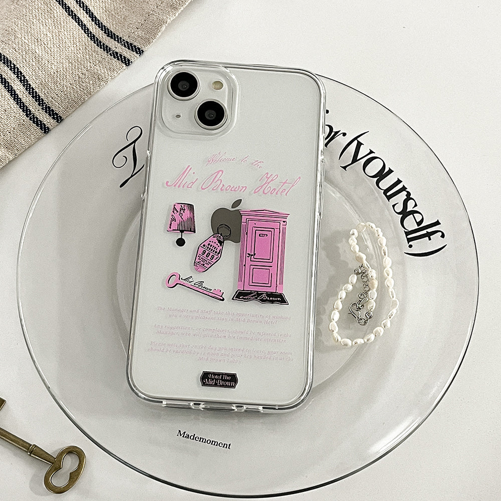 ｜Mademoment｜ Hotel The Mid Brown Design Clear Phone Case (4 Types)