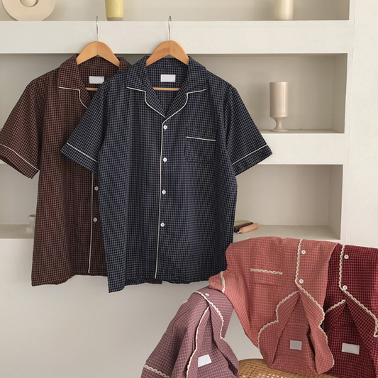 ｜Juuneedu｜ Cream Lace Short Sleeve Couple Pyjamas