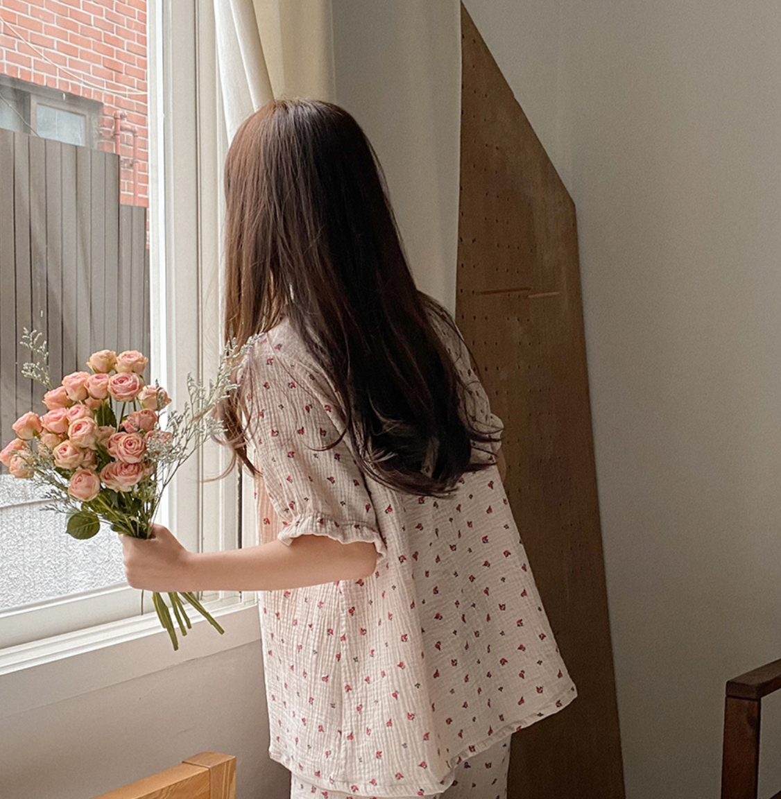 ｜Juuneedu｜ Labien Rose Lace Crinkle Cotton Short Sleeve Pyjamas (2type)